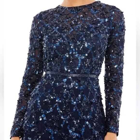 MAC DUGGAL 5496 BEADED LONG‎ SLEEVE A-LINE MIDNIGHT NAVY GOWN sz 4 NWT $698 - Picture 2 of 7
